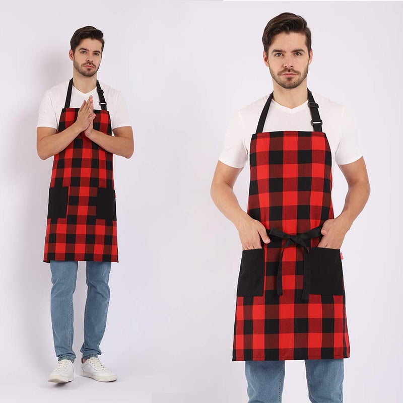 ALIPOBO Chef Bib Apron for Men Women, Christmas Gift, Kitchen Cooking Apron with 2 Pockets, 40" Long Ties and Adjustable Neck Strap - 32" x 28" - Red/Black - Image 1